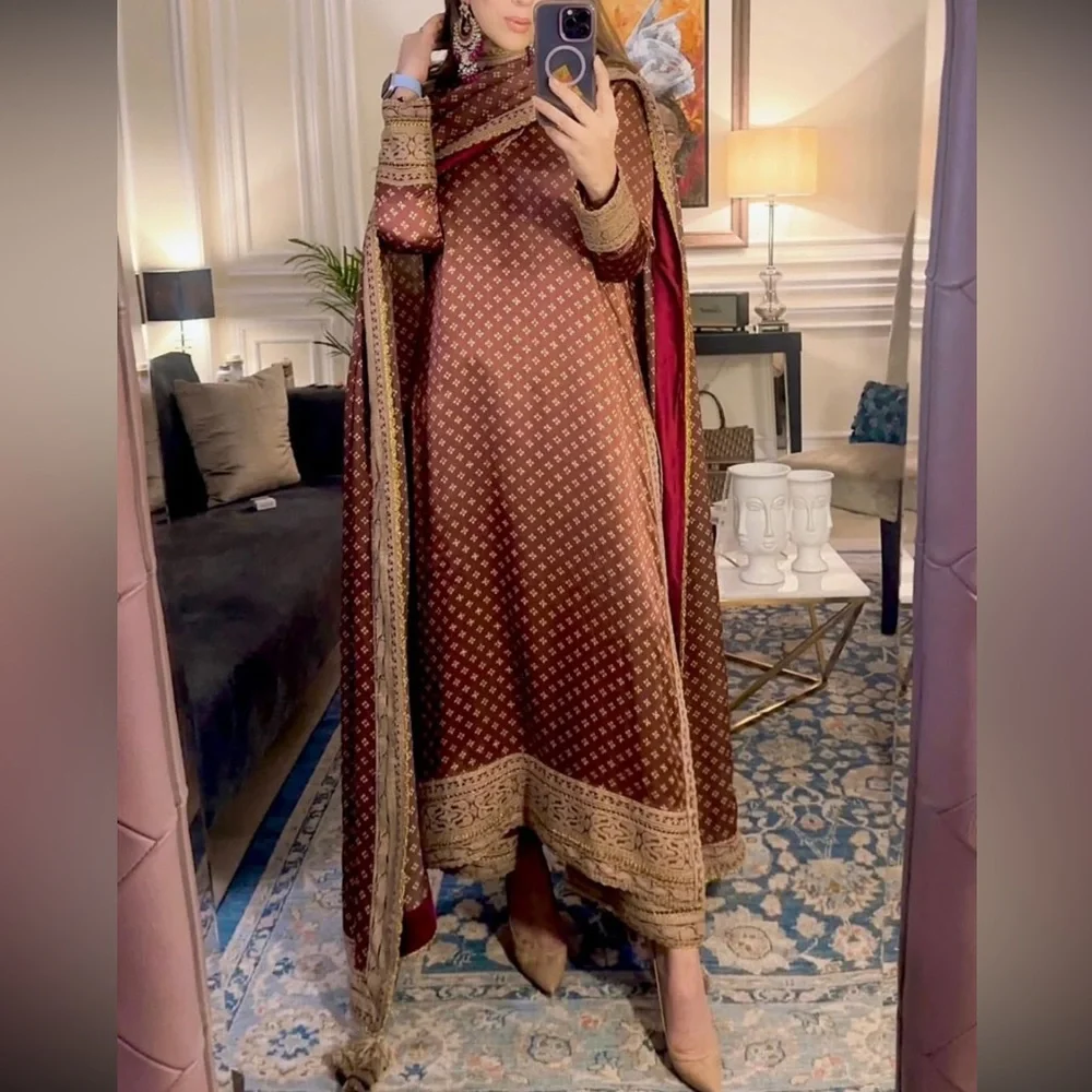 Iqbal Hussain Maroon/Brown and Gold Long Sleeve Dress with Izaar and Dupatta - Picture 5 of 5